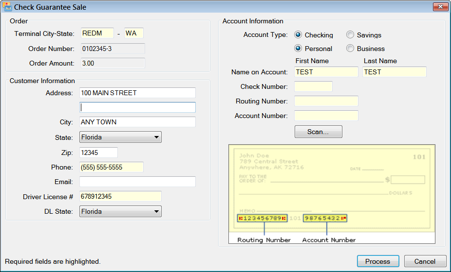 The Check Guarantee Sale window with customer information already entered.